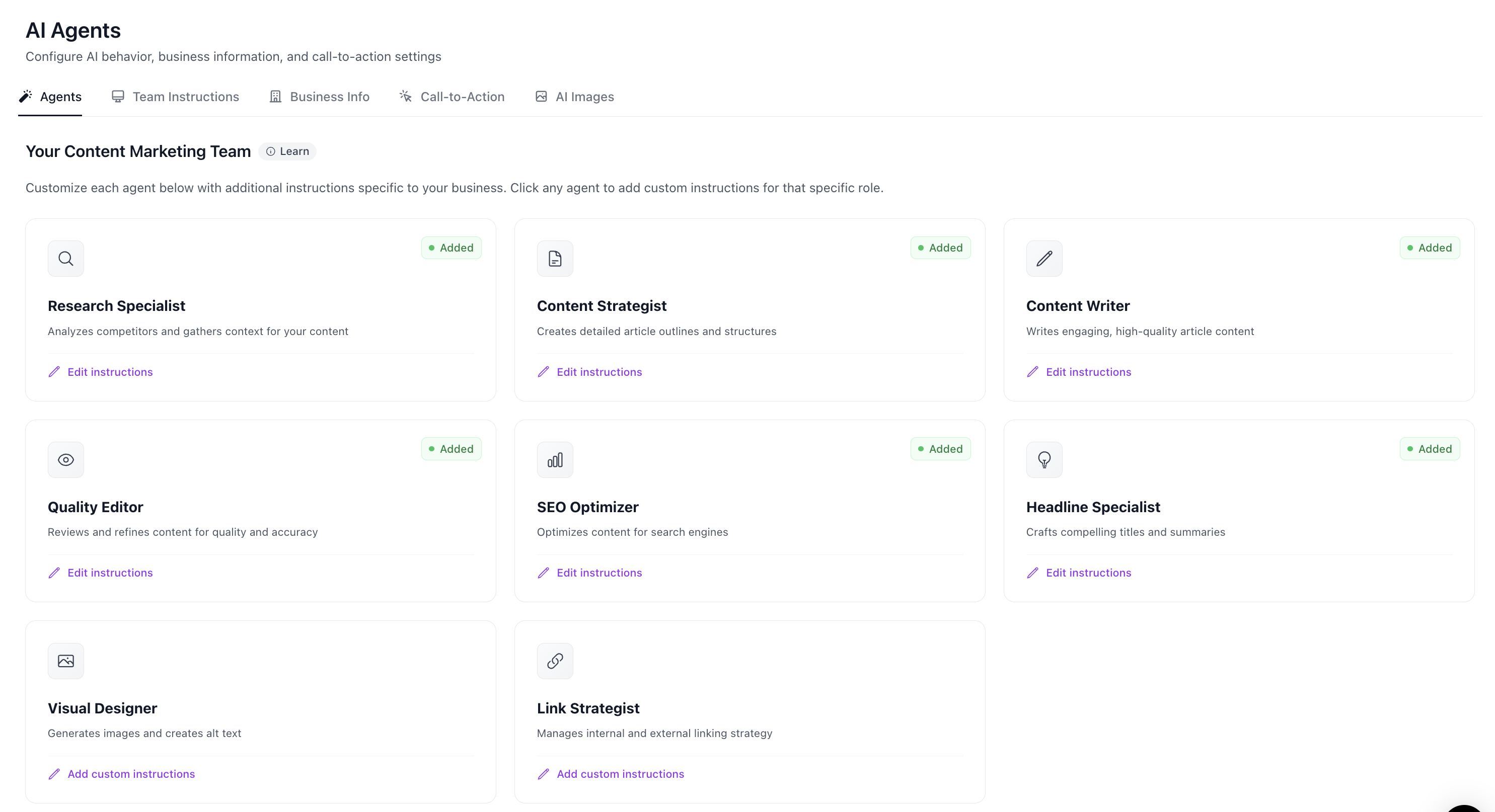 AI Agents dashboard showing your content marketing team with Research Specialist, Content Strategist, Content Writer, Quality Editor, SEO Optimizer, Headline Specialist, Visual Designer, and Link Strategist